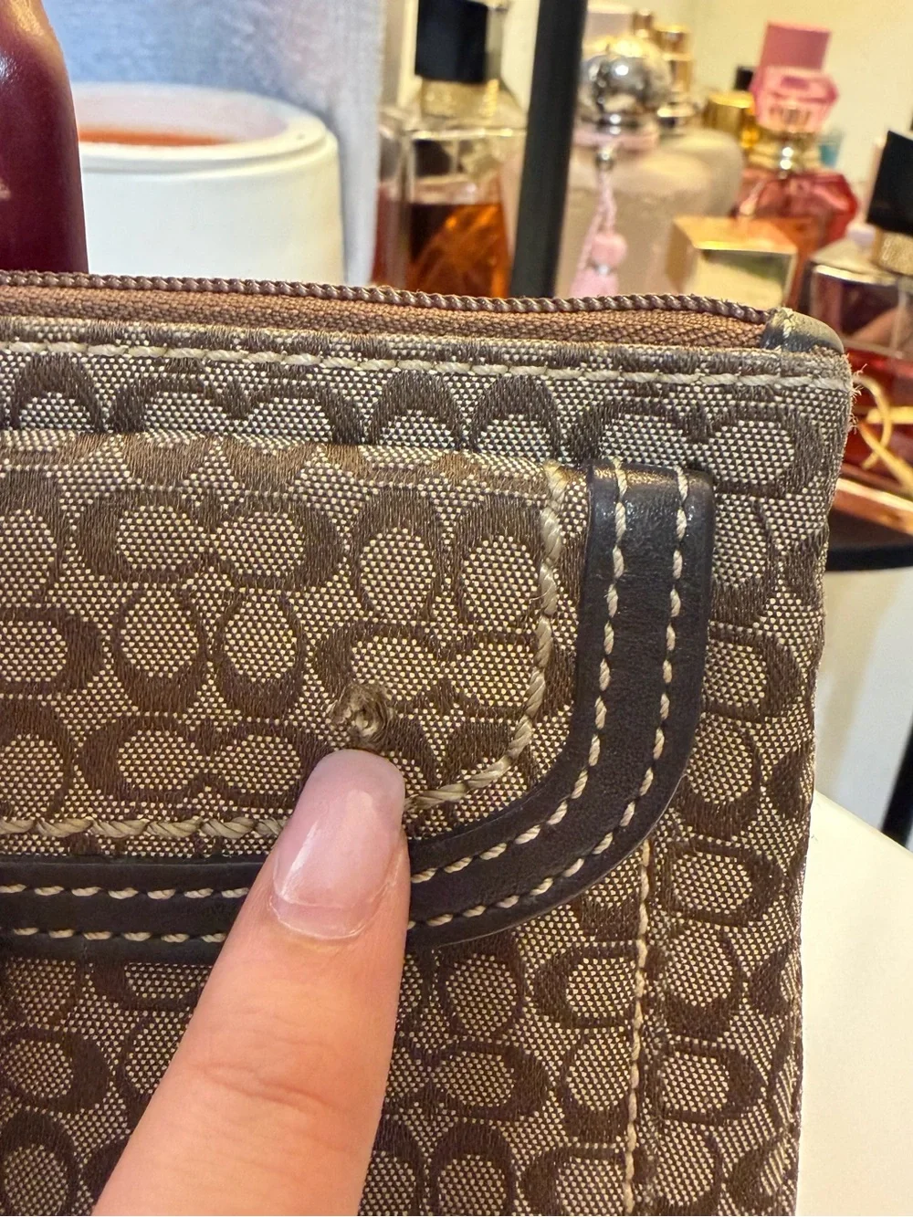 Coach Brown and Black Signature Canvas Wristlet with Buckle Detail